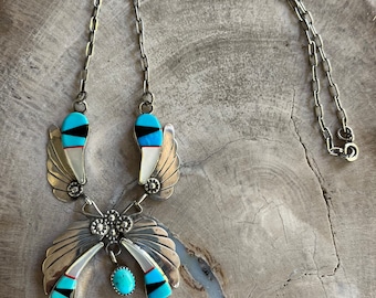 Gorgeous Vintage Zuni  Turquoise and Sterling Butterfly Necklace with Coral, Mother of Pearl and Onyx