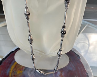 Vintage Mexican Modernist Sterling Silver Barrel Chain Necklace in the Style of Salvador Teran, Signed