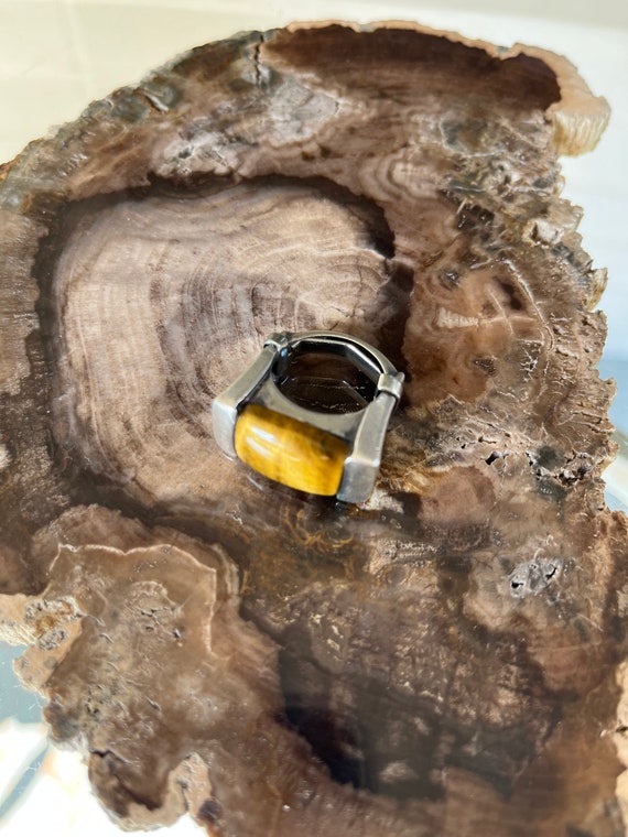 Modernist Vintage Tigers Eye Ring and Sterling Sil