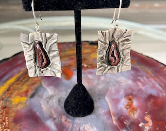 Vintage Modernist / Abstract  Reddish Druzy Quartz Geode Earrings , Sterling Silver, Signed
