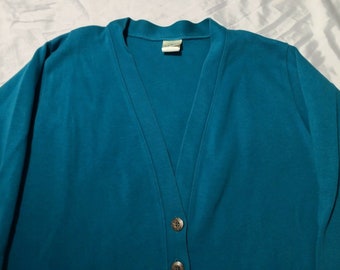 Vintage 1990s L. L. Bean Heavyweight Cotton Womens Cardigan, Teal XL Made In USA