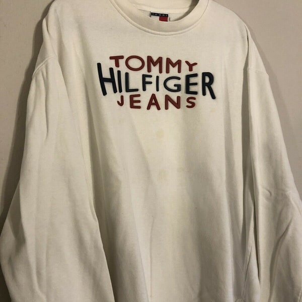 Vintage jaren 1990 Tommy Hilfiger Jeans Crewneck, Made In USA White 2XL