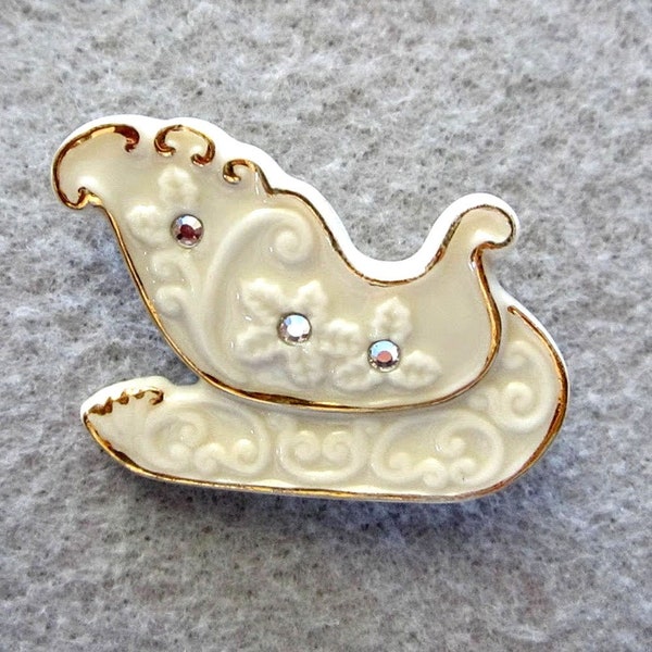 Lenox Santa Sleigh Pin - Porcelain - Crystals - Gold Trim - Inlaid Floral Design - Signed - Cream Color - Holiday Gift - Vintage - Accessory