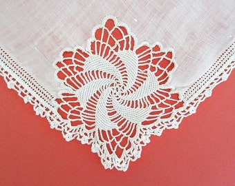 Vintage Handkerchief - Hankie - White Linen - Hand Crocheted Ornate Corner Design And Edging - Circa 1960s - Vintage Linen - Wedding - Gift