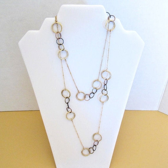 Vintage Long Necklace - Gold Tone Chain - Tri Col… - image 1