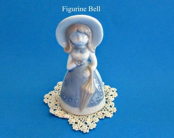 Figurine Bell - Porcelain Girl - Glazed - White Dress - Blue Apron - Wide Brim Hat - Umbrella - Vintage - Collectible - Gift - Knick Knack