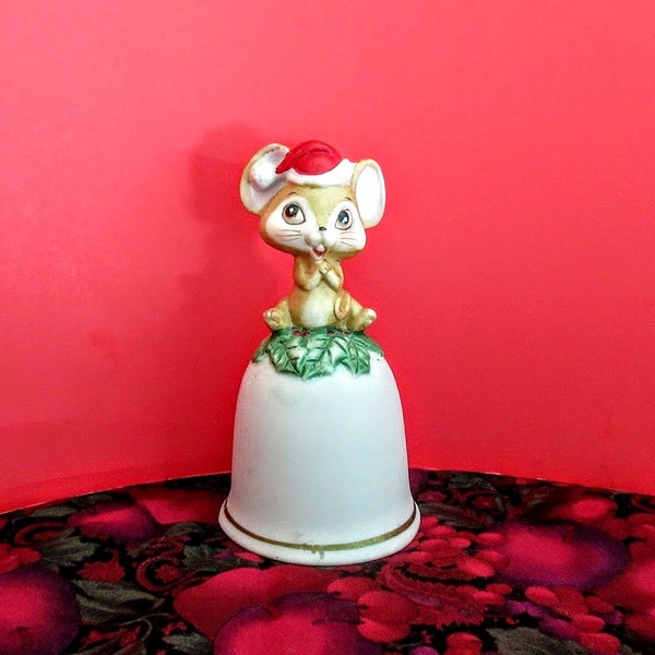 Figurine Mouse Christmas Bell - Ron Gordon Designs - Stocking Cap - Holly Berries - Hand Painted - Bisque Porcelain - Vintage - Collectible