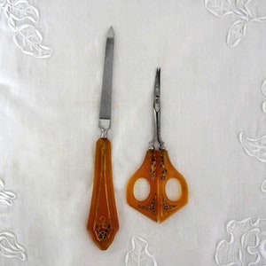 Vintage Manicure Items - Nail File - Scissors - Ornate Celluloid Gold Handles - Embossed Floral Design - Antique 1920s - Collectible Set