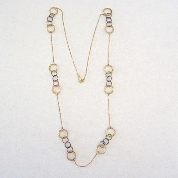 Vintage Long Necklace - Gold Tone Chain - Tri Col… - image 2