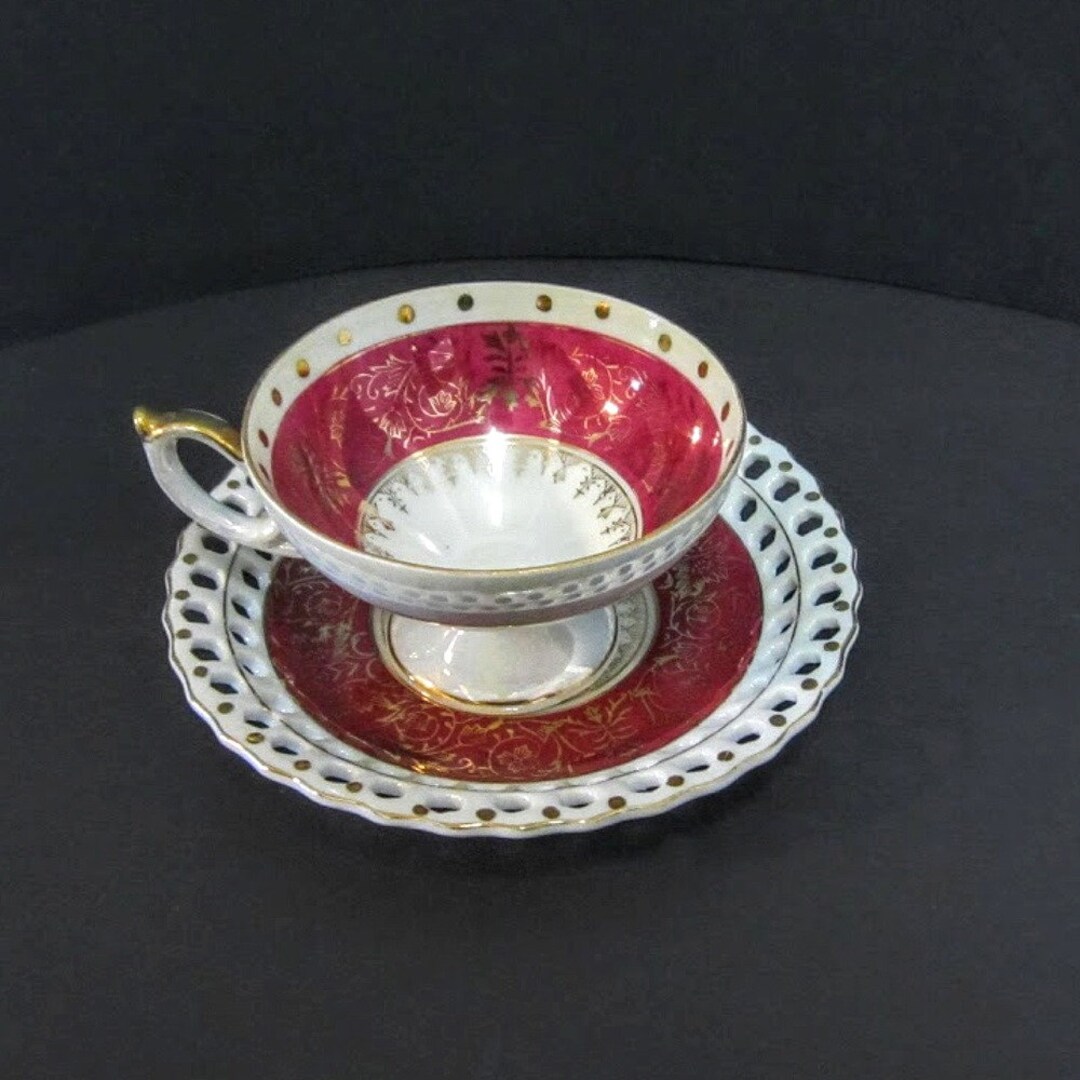 Vintage Cup & Saucer Set Burgundy Gold Trim Footed Cup Reticulated