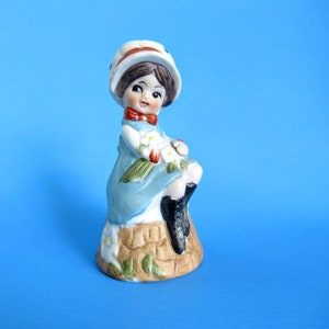 Jasco Figurine Bell - Girl With Flowers - Bonnet - Boots - Cat - Blue Dress - Hand Painted - Bisque Porcelain - Vintage - Collectible - Gift