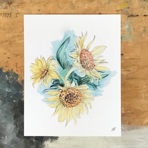 Naturaleza muerta de girasol con acuarela y carbón