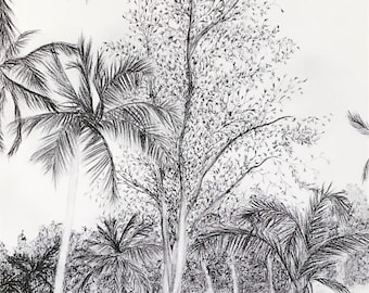 Stampa artistica di disegno del paesaggio del carboncino della spiaggia della palma di Puerto Rico