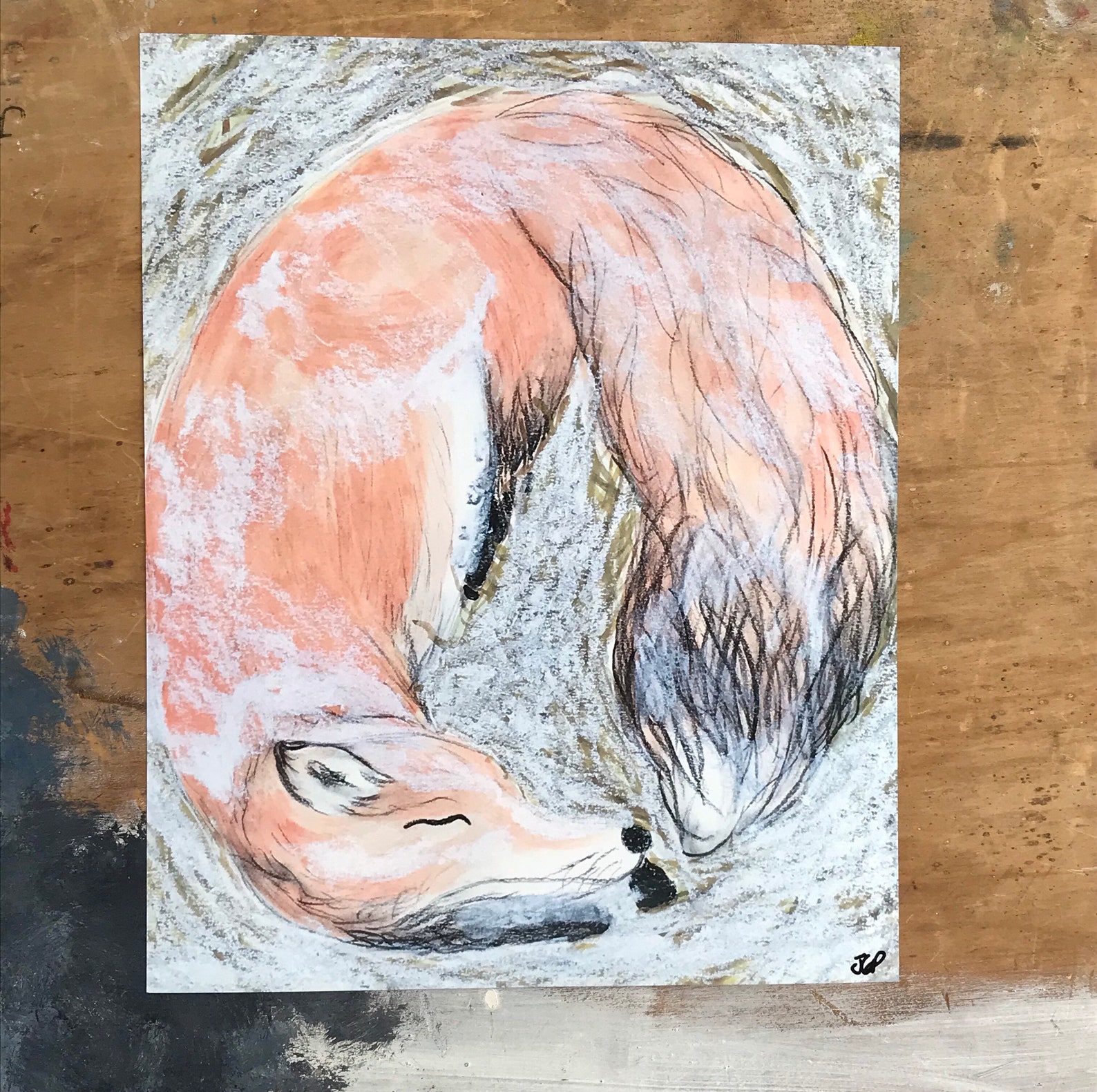 Winter Fox Watercolor Charcoal Drawing Painting Illustration Etsy