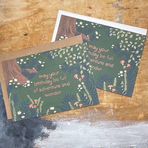 Woodland Birthday Card, Ferns, Tree Stump, and Mushrooms