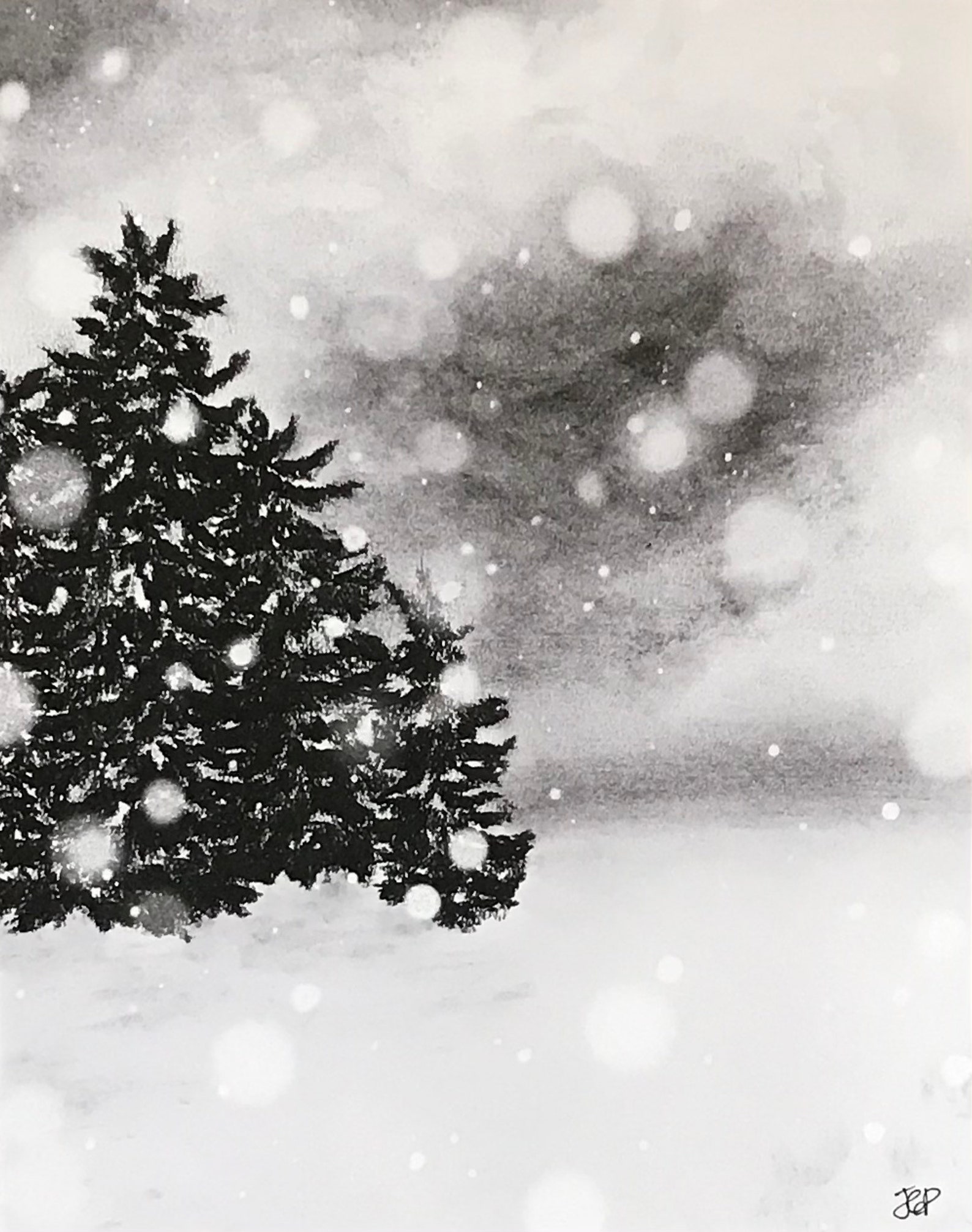 Falling Snow Charcoal Winter Landscape Drawing Art Print Etsy