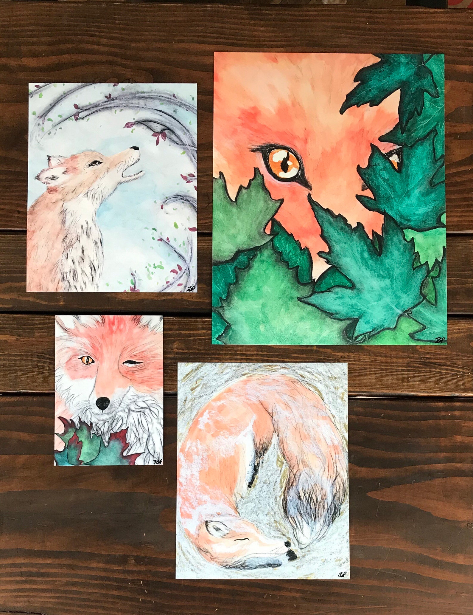 Winter Fox Watercolor Charcoal Drawing Painting Illustration Etsy