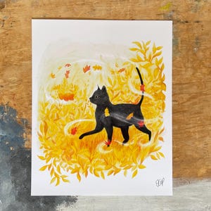 Black Cat in Autumn Watercolor Illustration Art Print