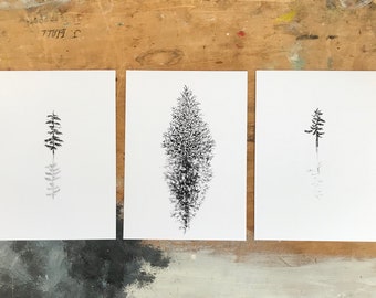 Minimalist Evergreen Tree Original Charcoal Drawing Art Print