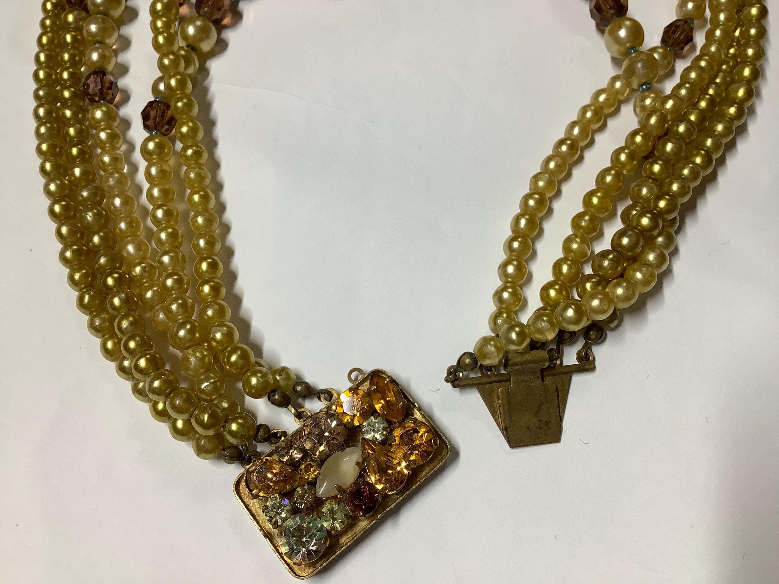 Vintage 1940s 50s Beaded Five Multiple Strand Necklace, Foiled 