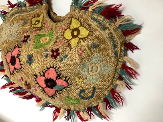 Vintage 1920s 30s embroidered bag linen hessian b… - image 1