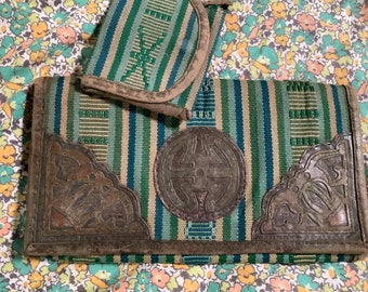 Vintage 1920s 30s Art Deco purse striped embroidered Bloomsbury bag woven fabric antique green tooled leather Antique