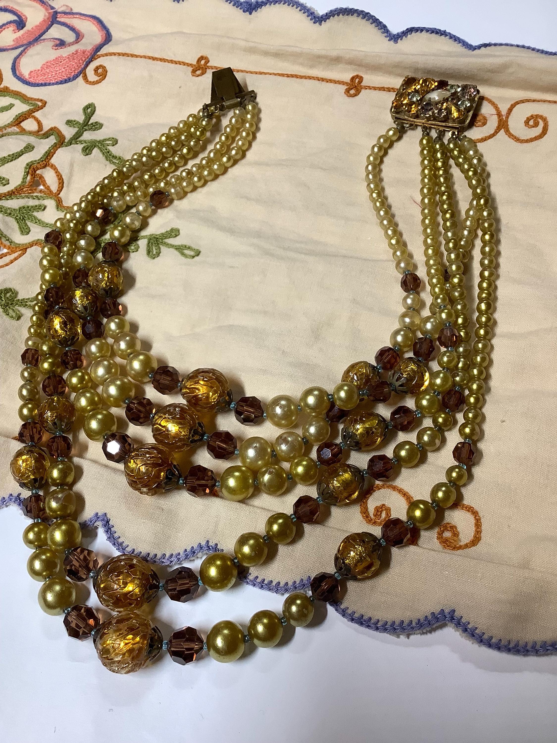 Vintage 1940s 50s Beaded Five Multiple Strand Necklace, Foiled 