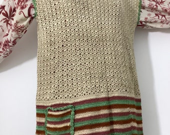 Vintage rare 1930s crochet blouse hand knitted Art Deco sweater tank top green stripes tatted lace knotted tunic vest.