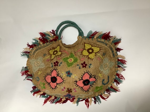 Vintage 1920s 30s embroidered bag linen hessian b… - image 2