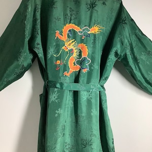 Vintage chinese silky robe rayon dressing gown loungewear with embroidery dragon emerald green kimono