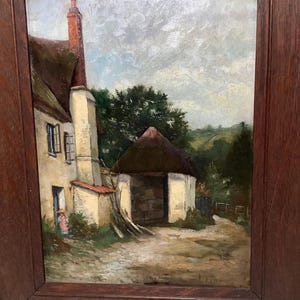 Antique oil painting Late 1800? signed landscape cottage village farm scene with woman countryside impressionist realist European