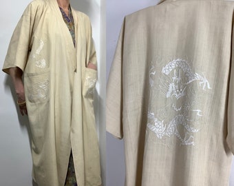 Antique 1920s raw silk kimono robe embroidered dragons pale cream oriental Asian Japanese style heavy thick silk boudoir lingerie