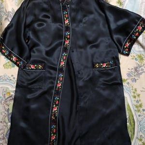 Vintage black satin kimono robe with hand embroidery floral sleeves pockets and lapel robe asian oriental silky long jacket cheongsam