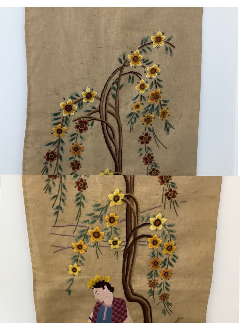 May include: A beige embroidered wall hanging with a brown tree with yellow and green flowers. A person in a blue and red patterned shirt is standing under the tree.