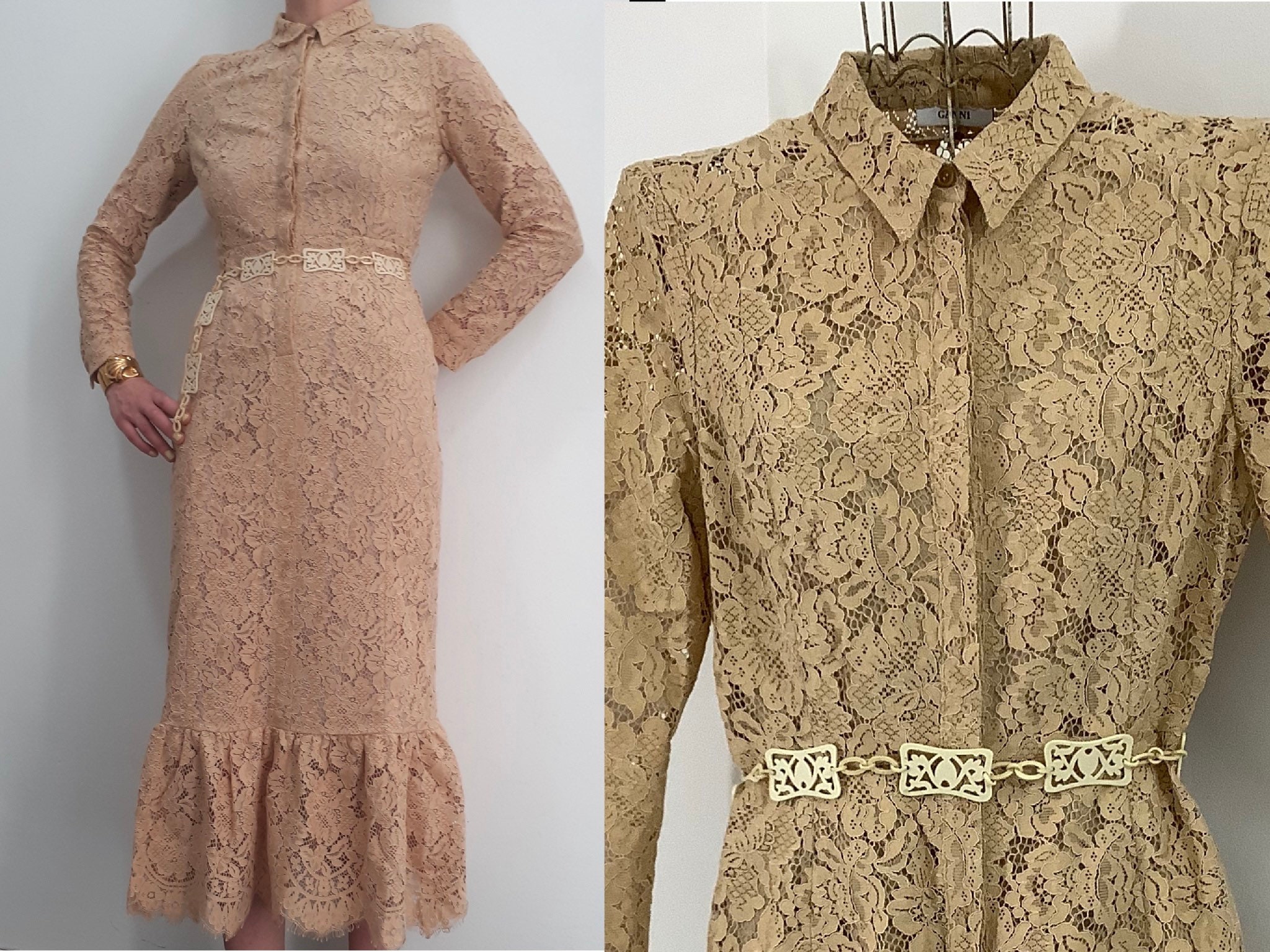 Vintage Pale Nude Lace Dress Ganni Y2K Modern Scandinavian Designer Slim  Fitted Contemporary Semi Sheer High Neck Long Sleeves Ruffle Skirt - Etsy  Israel