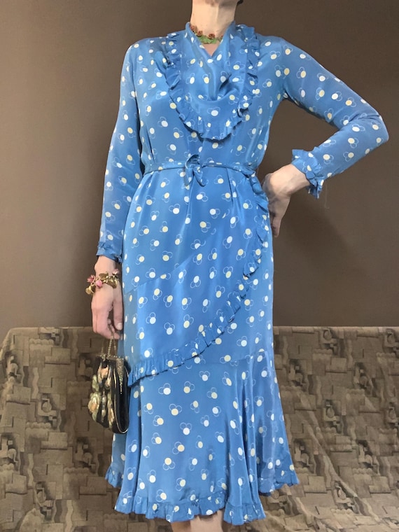 blue 1930s dress Dark Blue 1930s V-Neck Polka Dots Belted Dress