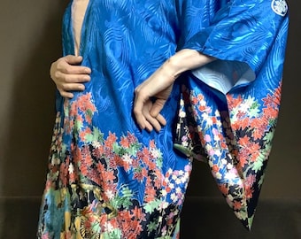 Vintage 1920s Japanese robe blue silky rayon chinoiserie Oriental dressing gown kimono Antique