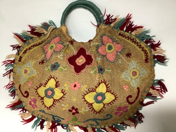 Vintage 1920s 30s embroidered bag linen hessian b… - image 5