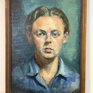 Retrato al óleo vintage de un hombre vestido de azul/niño rubio de ojos azules/retrato al óleo de los años 1940-1950/retrato de mediados de siglo/pintura impresionista de un hombre
