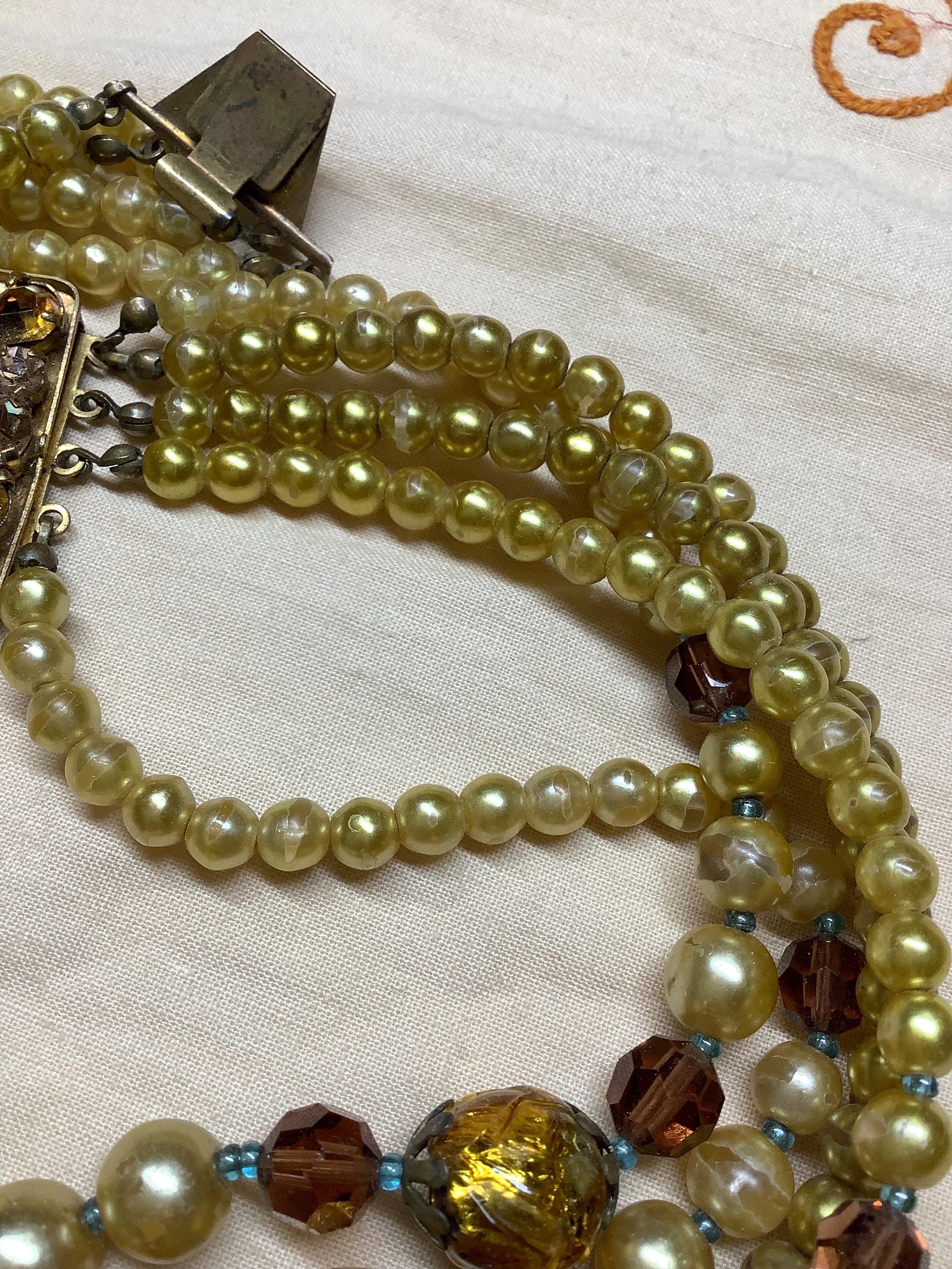 Vintage 1940s 50s Beaded Five Multiple Strand Necklace, Foiled 