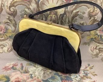 Vintage Art Deco Tasche Zelluloid Rahmentasche 1930er Jahre braunes Wildleder gelb marmoriert Kunstharz Henkel Tasche elegant