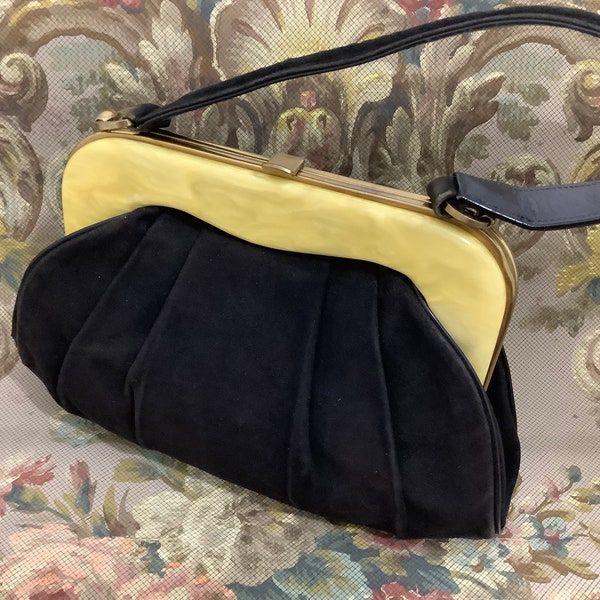 Vintage Art Deco bag celluloid frame bag 1930s brown suede yellow marbled resin handle bag elegant