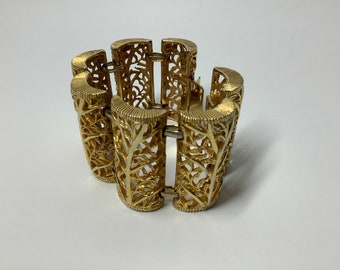 Vintage gold signed bracelet 1980s French statement chunky panelled carved filigree floral couture cuff bracelet cut out floral