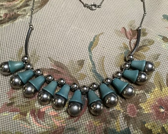 Vintage 1920s 30s Art Deco Jakob Bengel necklace wood teal chrome machine age articulated bell flowers stylised chrome ball chain necklace