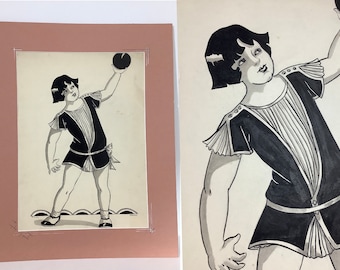 Vintage 1920s 30s original drawing ink on paper acrobat illustration vintage girl