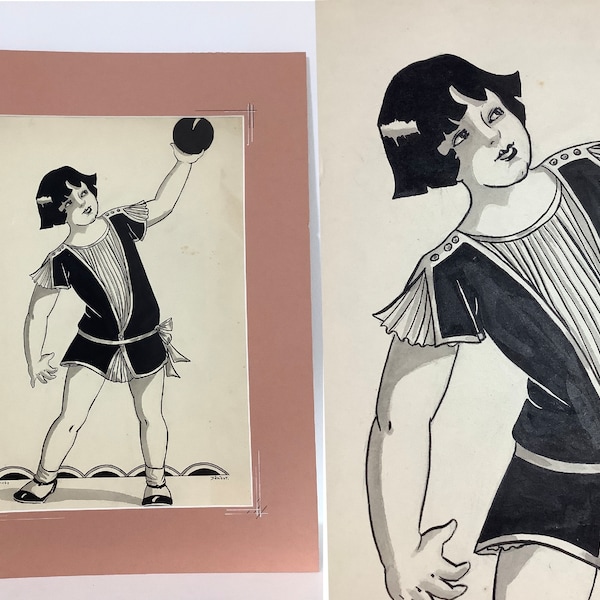 Rare ooak 1920s original drawing ink on paper acrobat illustration vintage girl