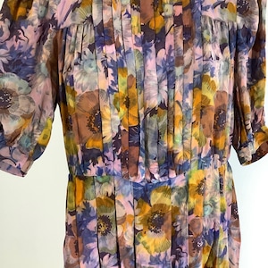 1930s 40s silk dress XS Small pleated bodice and skirt colourful painted florals  hand made buttoned back lilac yellow puff sleeves.