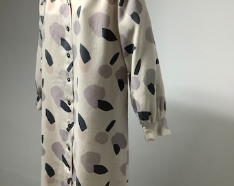 Vintage Marimekko duster shirt dress 1970s mod abstract designer midi cream lilac button pastel geometric print wool cotton dress