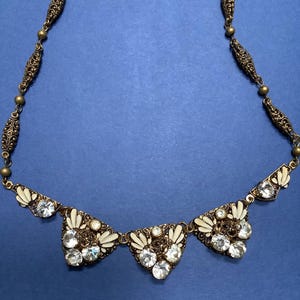 Vintage Czech filigree necklace open metal work enamelled with crystal glass stones bohemian brass chain long bib necklace