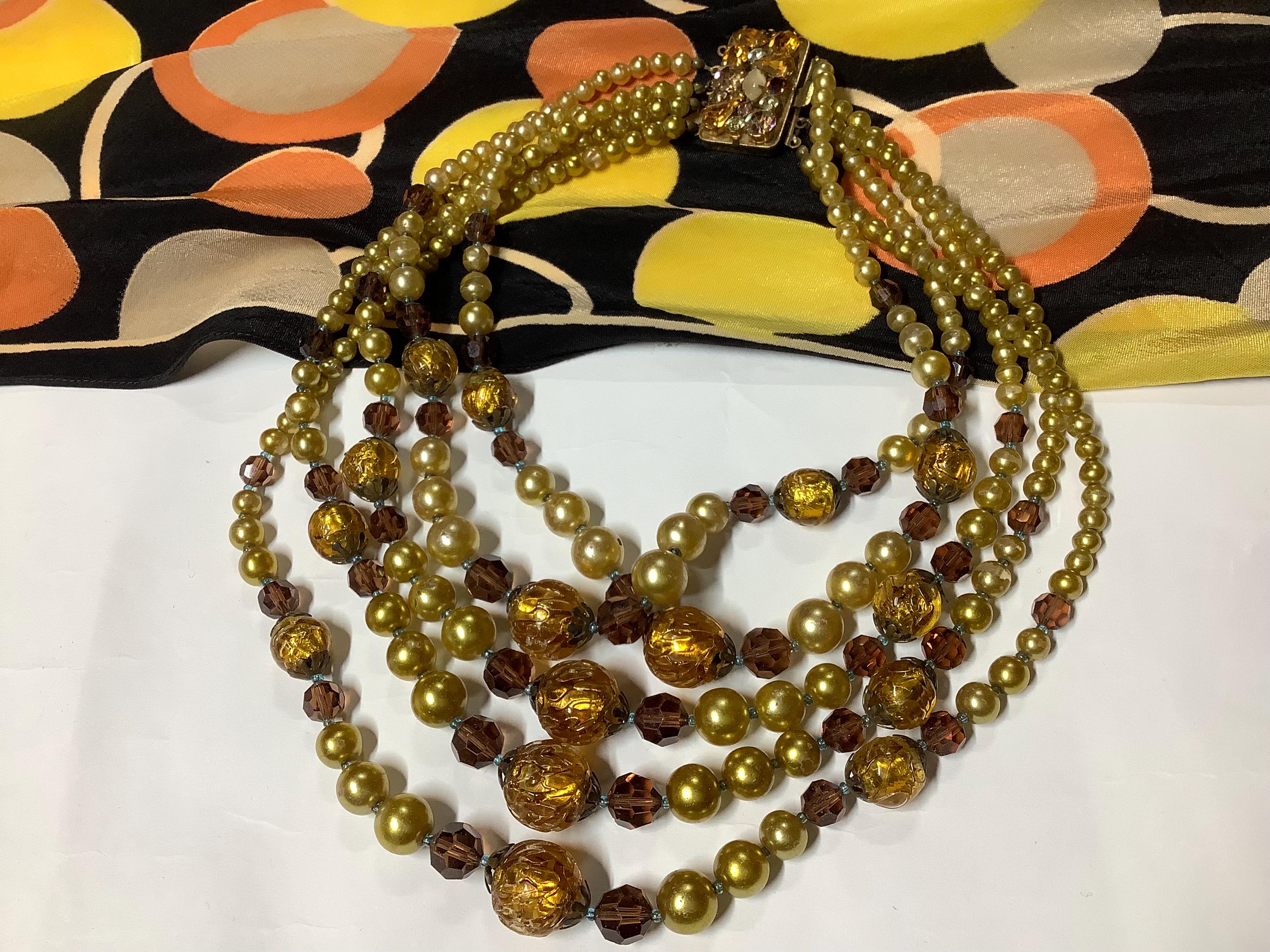 Vintage 1940s 50s Beaded Five Multiple Strand Necklace, Foiled 